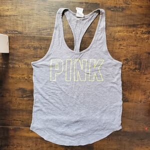 PINK Victoria's Secret Heathered Gray Racerback Tank with Yellow Neon Accents XS